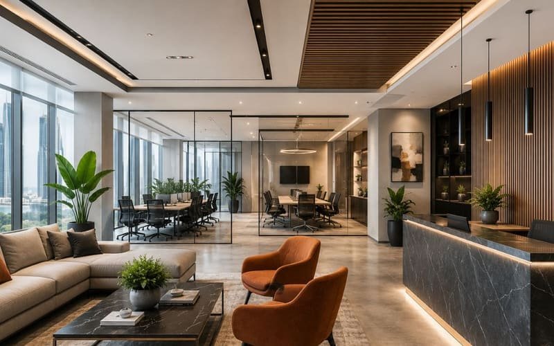 Modernized corporate office interior with glazed meeting rooms